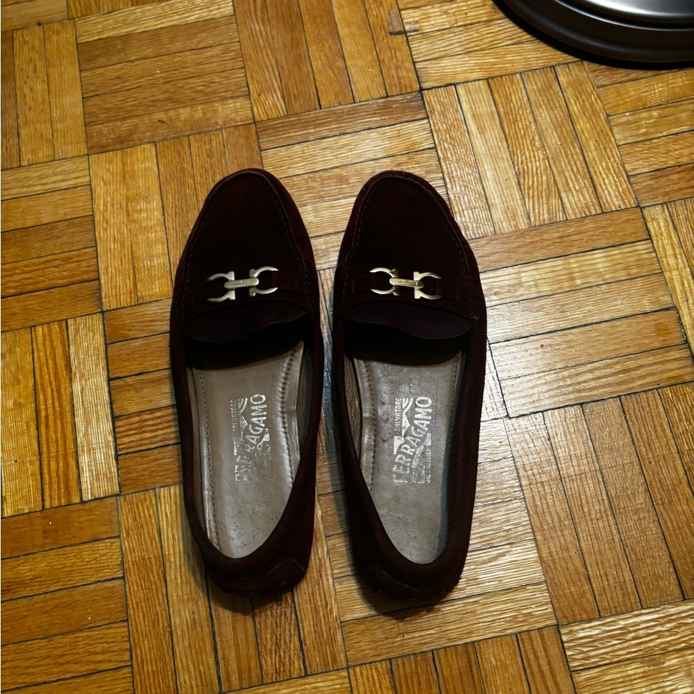 Salvatore Ferragamo Wine Burgundy Suede Loafers with Gold Bit